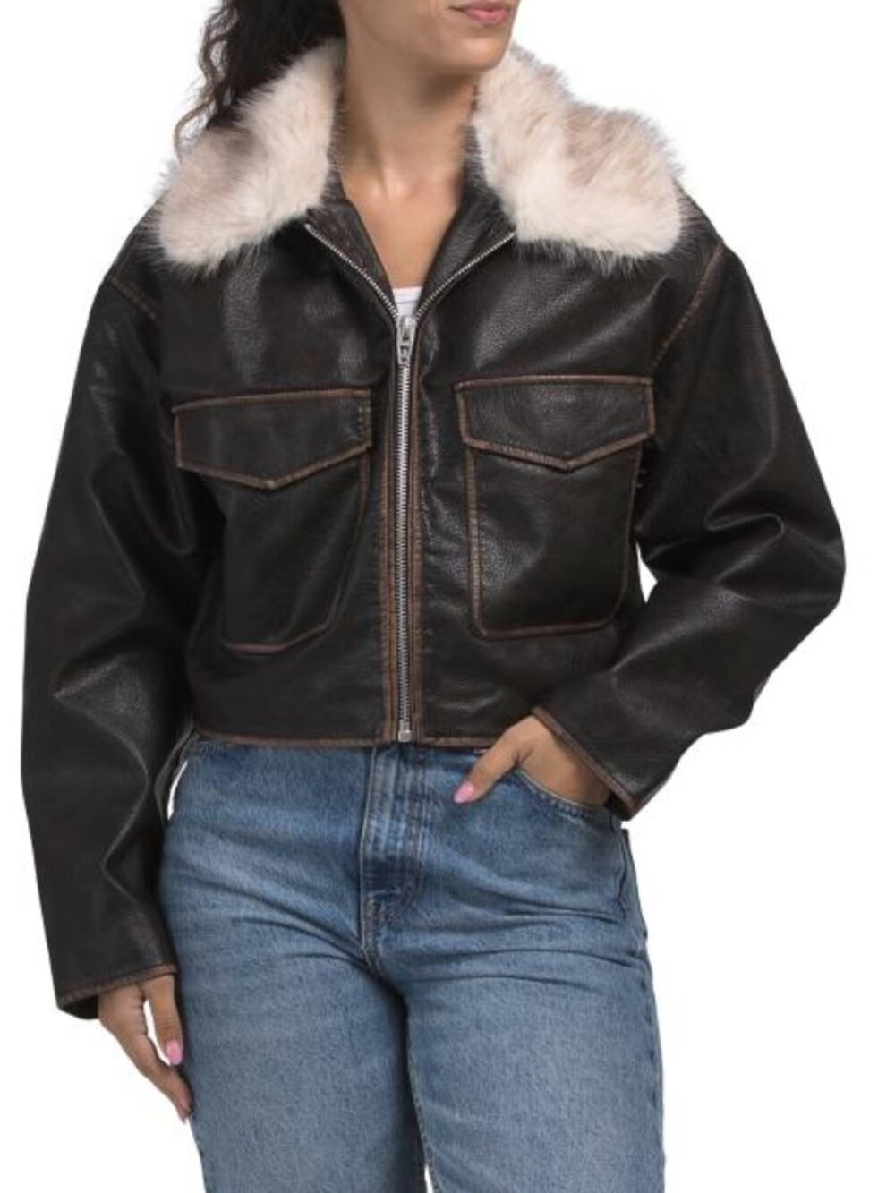 BLANK NYC Distressed Jacket With Faux Fur Collar